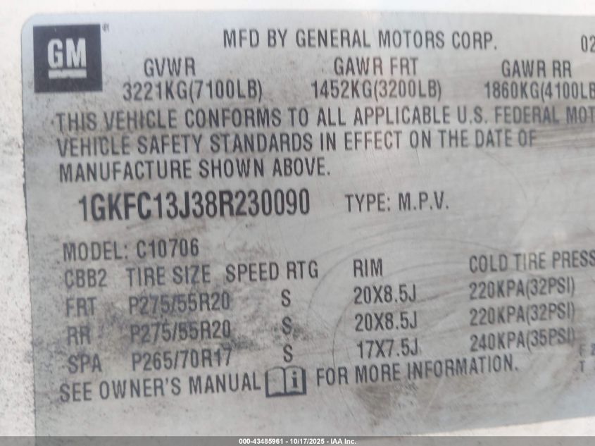 2008 GMC Yukon Slt VIN: 1GKFC13J38R230090 Lot: 43485961