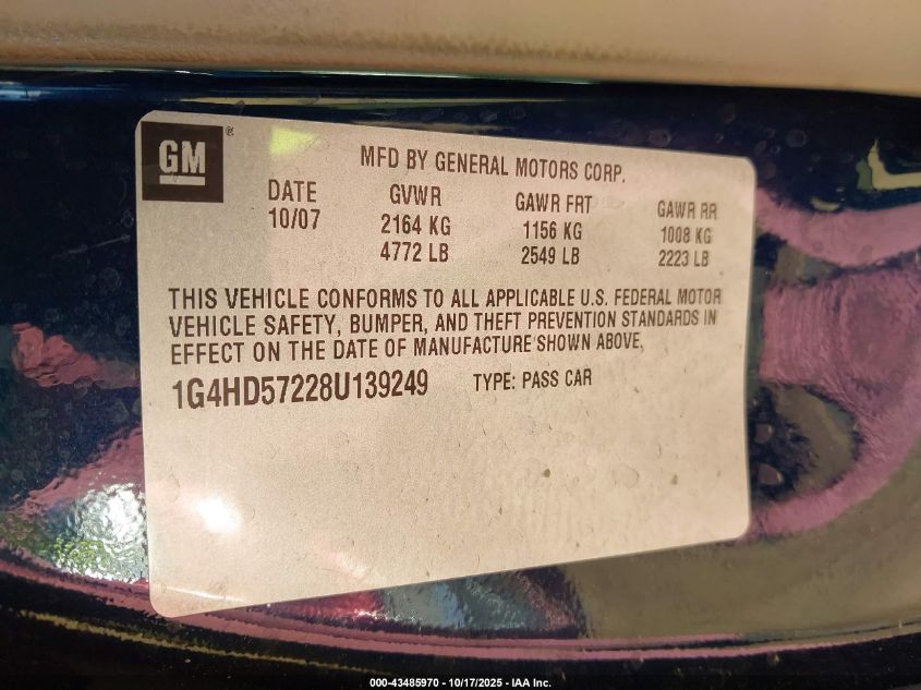 2008 Buick Lucerne Cxl VIN: 1G4HD57228U139249 Lot: 43485970