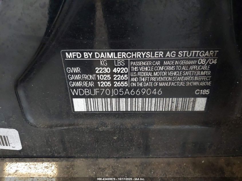 2005 Mercedes-Benz E 500 VIN: WDBUF70J05A669046 Lot: 43485975