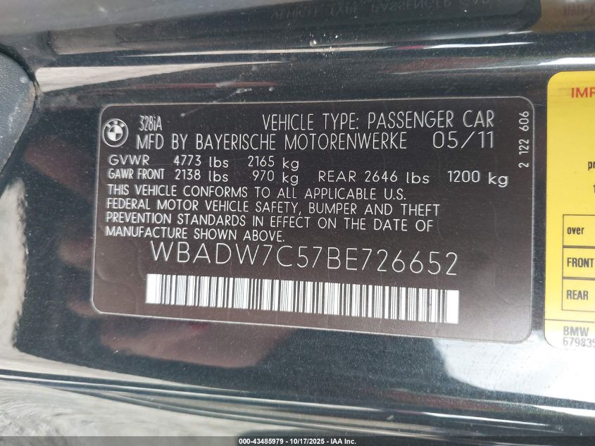 2011 BMW 328I VIN: WBADW7C57BE726652 Lot: 43485979