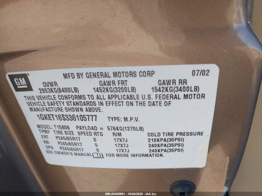 2003 GMC Envoy Xl Slt VIN: 1GKET16S336105777 Lot: 43485991