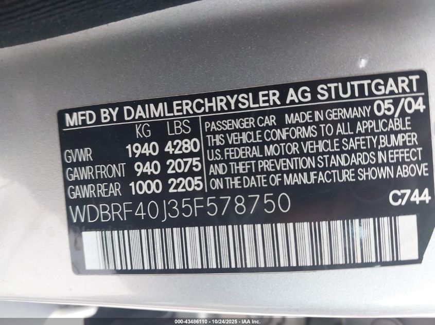 2005 Mercedes-Benz C 230 Kompressor Sport VIN: WDBRF40J35F578750 Lot: 43486110