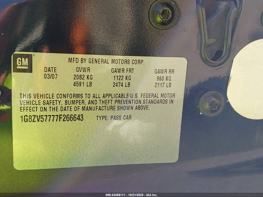 2007 Saturn Aura Xr VIN: 1G8ZV57777F266643 Lot: 43486111