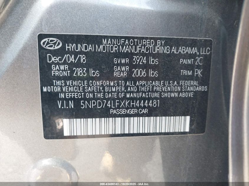 2019 Hyundai Elantra Se VIN: 5NPD74LFXKH444481 Lot: 43486143