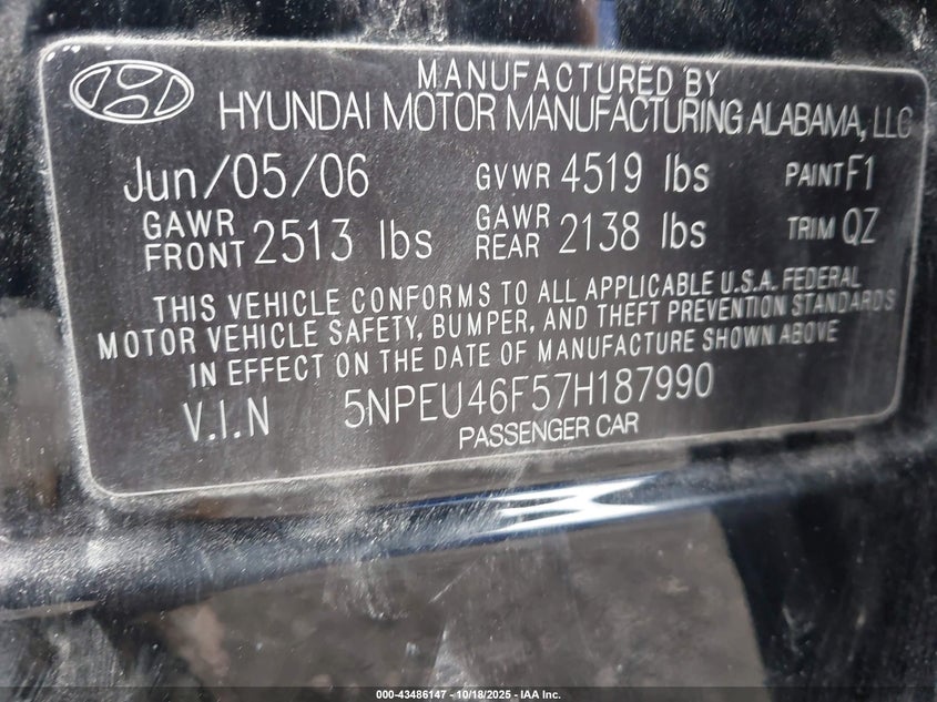 5NPEU46F57H187990 2007 HYUNDAI SONATA photo no. 9