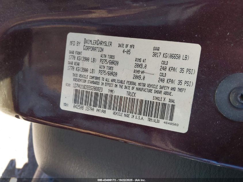 2005 Dodge Ram 1500 Slt/Laramie VIN: 1D7HU18D55S286823 Lot: 43486173