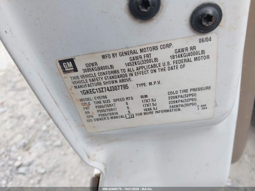 2004 GMC Yukon Slt VIN: 1GKEC13Z74J307795 Lot: 43486179