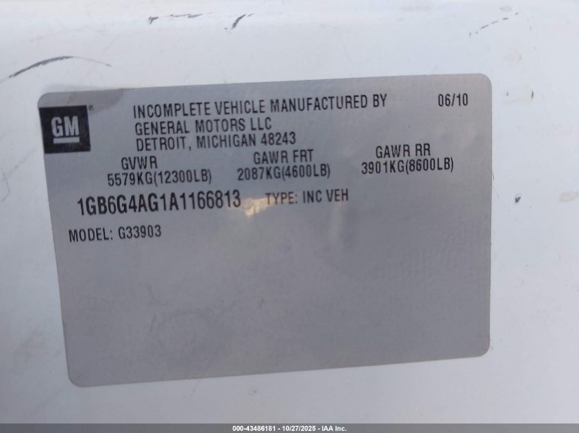 2010 Chevrolet Express Cutaway Work Van VIN: 1GB6G4AG1A1166813 Lot: 43486181