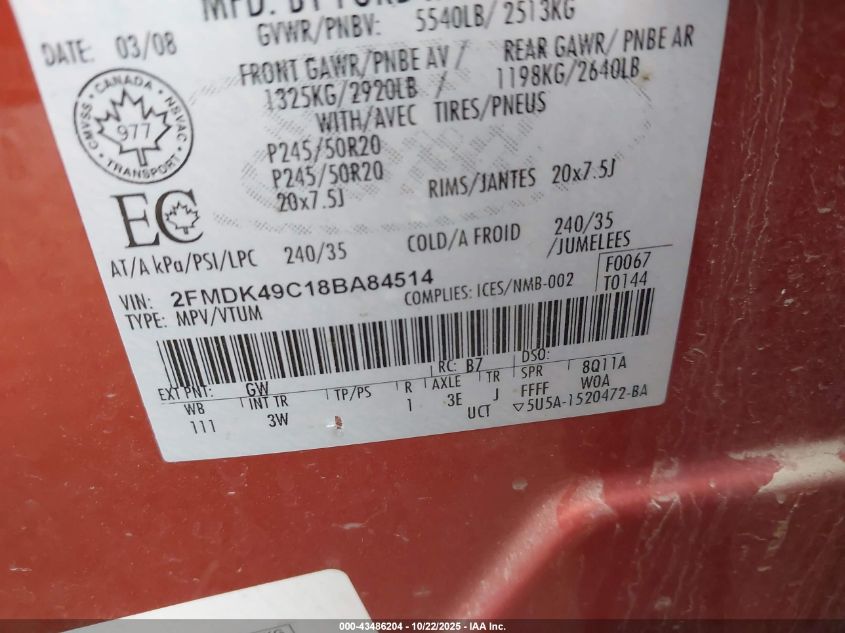 2008 Ford Edge Limited VIN: 2FMDK49C18BA84514 Lot: 43486204