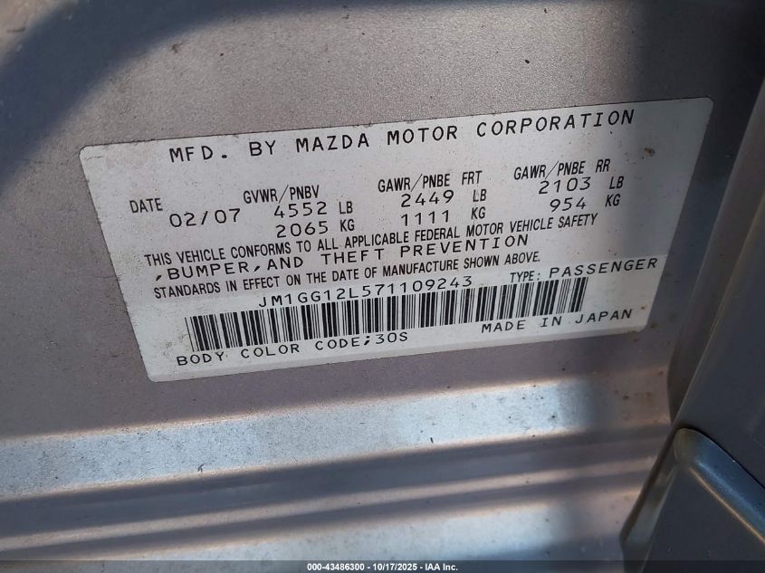 2007 Mazda Mazdaspeed6 Sport VIN: JM1GG12L571109243 Lot: 43486300