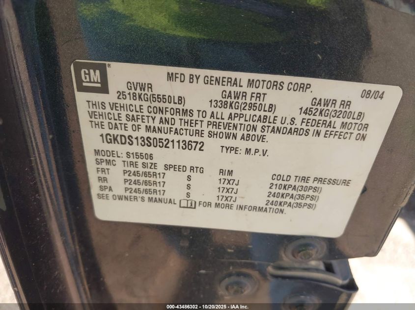 2005 GMC Envoy Sle VIN: 1GKDS13S052113672 Lot: 43486302