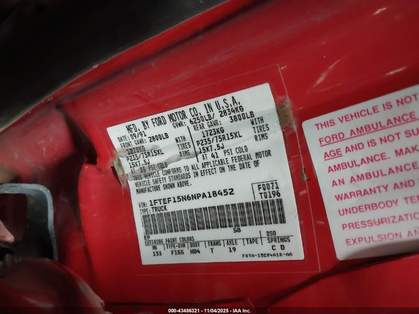 1992 Ford F150 VIN: 1FTEF15N6NPA18452 Lot: 43486321