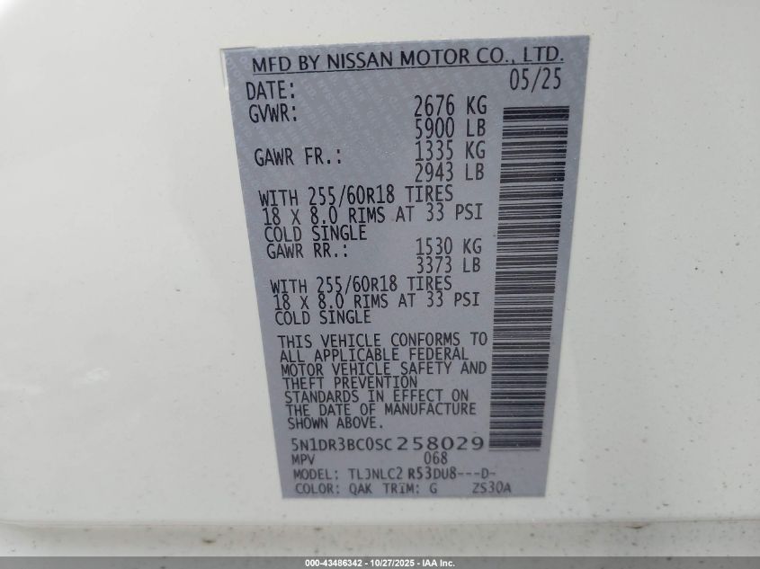 2025 Nissan Pathfinder Sv 4Wd VIN: 5N1DR3BC0SC258029 Lot: 43486342