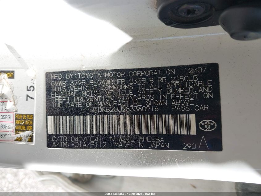 2008 Toyota Prius VIN: JTDKB20U283360916 Lot: 43486357