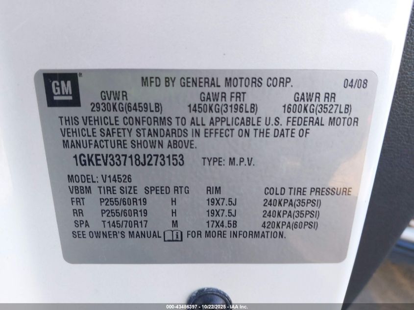 2008 GMC Acadia Slt-2 VIN: 1GKEV33718J273153 Lot: 43486397