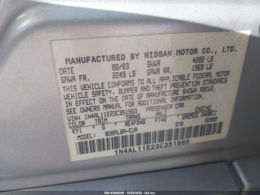 2003 Nissan Altima 2.5 Sl VIN: 1N4AL11E23C351965 Lot: 43486398