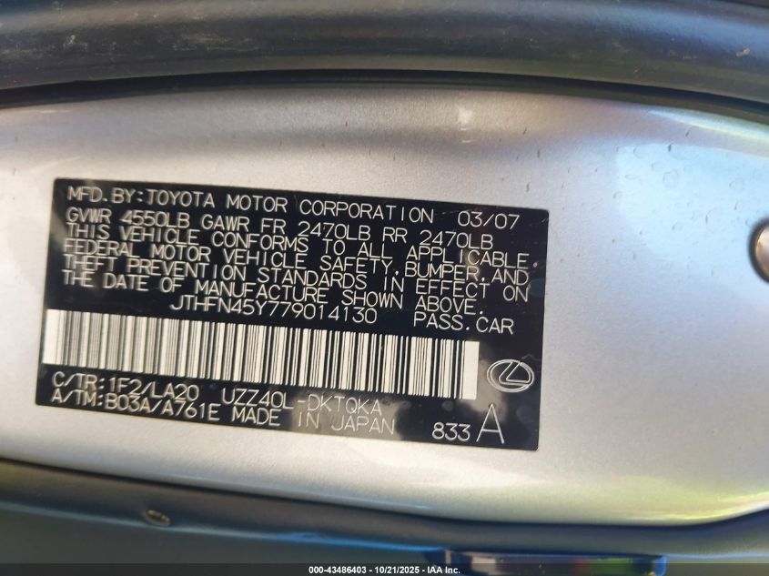 2007 Lexus Sc 430 VIN: JTHFN45Y779014130 Lot: 43486403