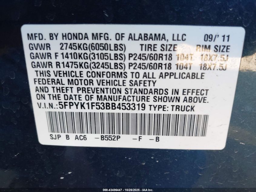 2011 Honda Ridgeline Rtl VIN: 5FPYK1F53BB453319 Lot: 43486447