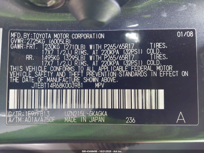 2008 Toyota 4Runner Sport V8 VIN: JTEBT14R68K003981 Lot: 43486498