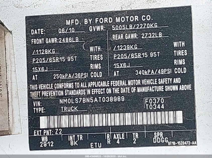 2010 Ford Transit Connect Xlt VIN: NM0LS7BN5AT038989 Lot: 43486523