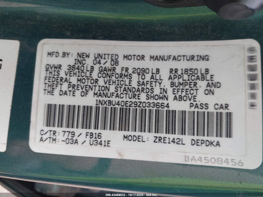 2009 Toyota Corolla Le VIN: 1NXBU40E29Z033664 Lot: 43486532