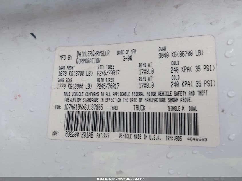 2006 Dodge Ram 1500 Slt VIN: 1D7HA18NX6J197905 Lot: 43486535