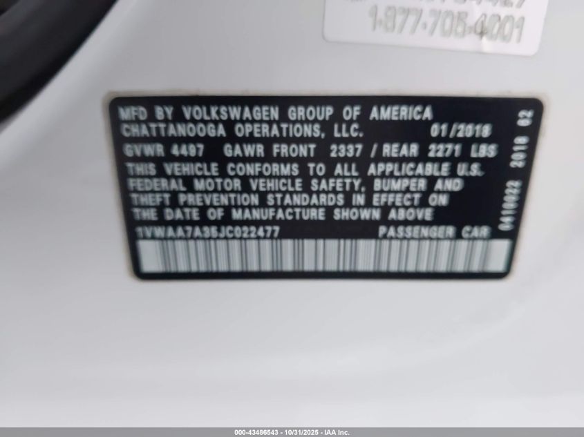 2018 Volkswagen Passat 2.0T R-Line/2.0T S VIN: 1VWAA7A35JC022477 Lot: 43486543