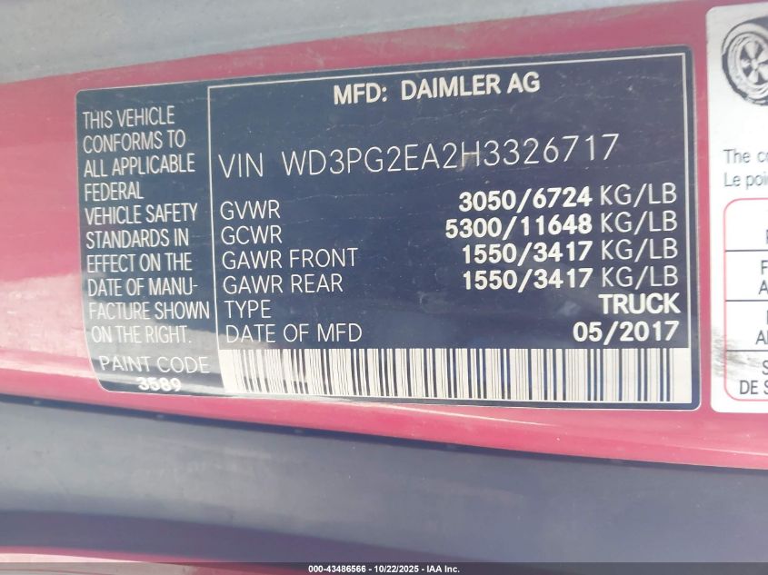 2017 Mercedes-Benz Metris VIN: WD3PG2EA2H3326717 Lot: 43486566