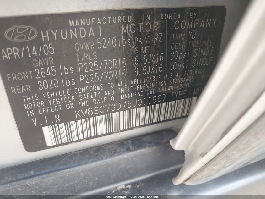 2005 Hyundai Santa Fe Gls VIN: KM8SC73D75U011967 Lot: 43486606