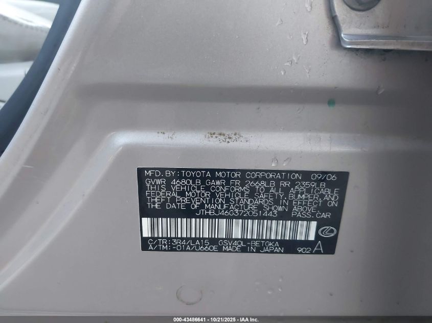 2007 Lexus Es 350 VIN: JTHBJ46G372051443 Lot: 43486641