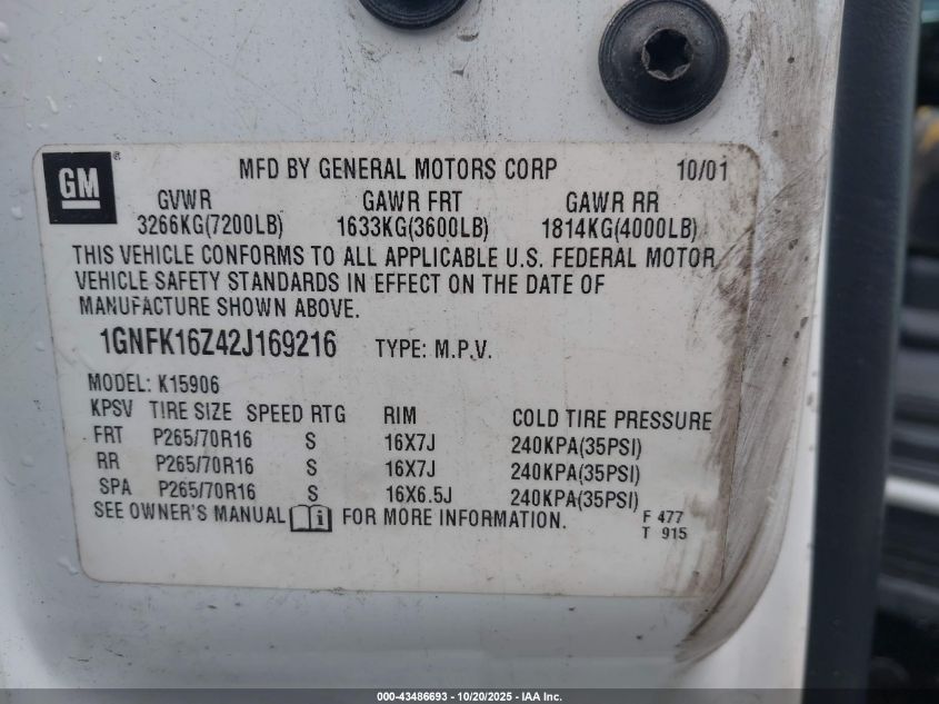 2002 Chevrolet Suburban K1500 VIN: 1GNFK16Z42J169216 Lot: 43486693