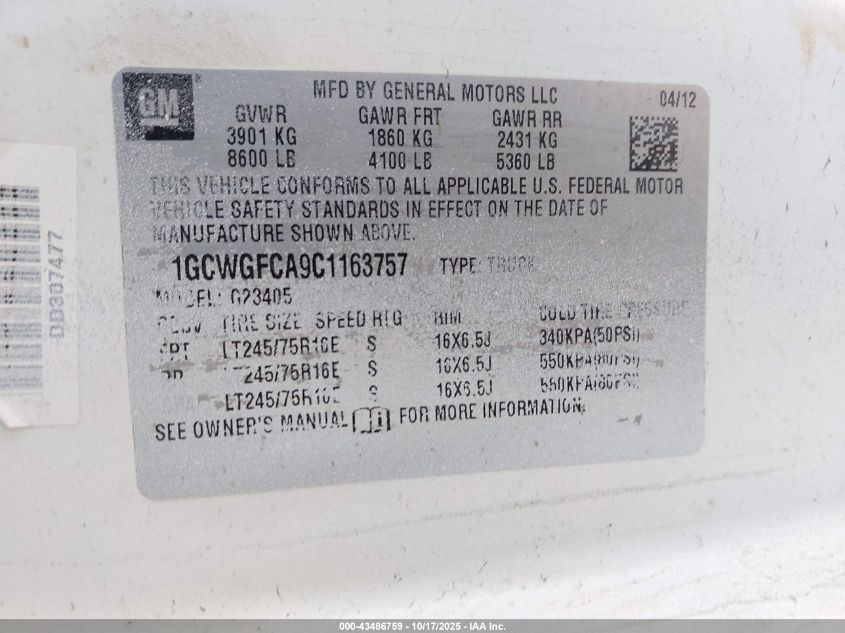 2012 Chevrolet Express 2500 Work Van VIN: 1GCWGFCA9C1163757 Lot: 43486759