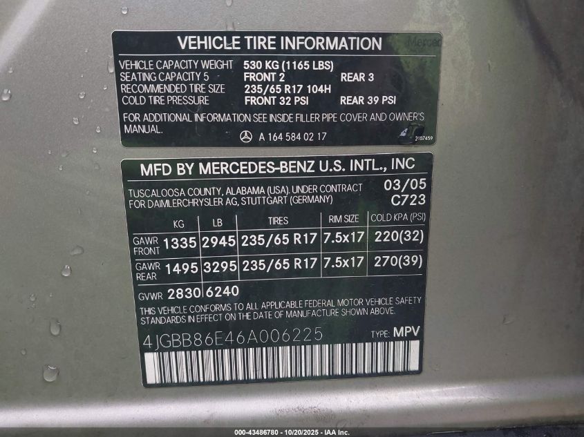 2006 Mercedes-Benz Ml 350 4Matic VIN: 4JGBB86E46A006225 Lot: 43486780
