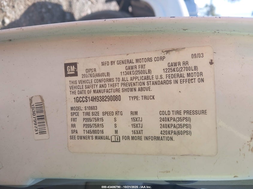 2003 Chevrolet S-10 VIN: 1GCCS14H938290080 Lot: 43486790