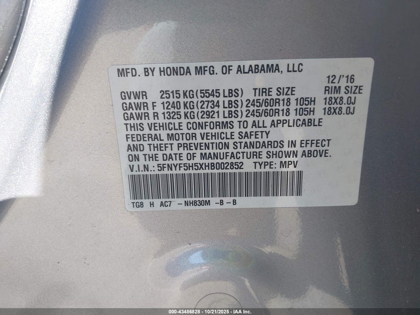 2017 HONDA PILOT EX-L 5FNYF5H5XHB002852