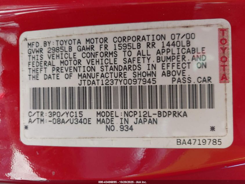 2000 Toyota Echo VIN: JTDAT1237Y0097945 Lot: 43486895