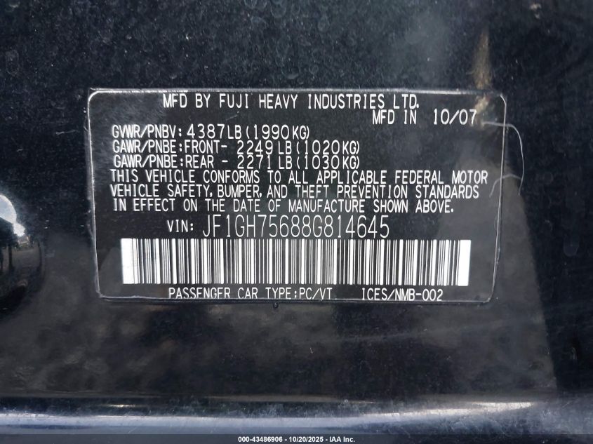 2008 Subaru Impreza Wrx VIN: JF1GH75688G814645 Lot: 43486906