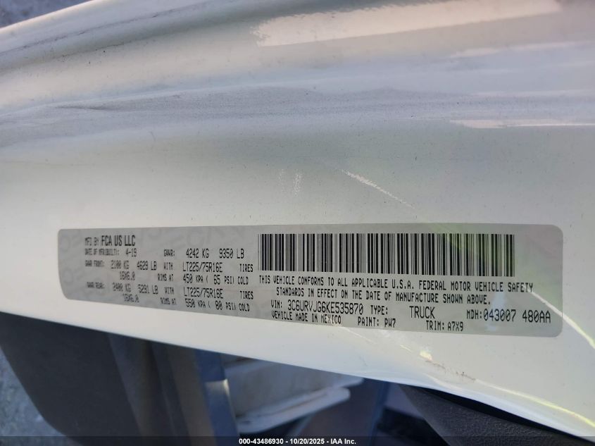 2019 Ram Promaster 3500 Cargo Van High Roof 159 Wb Ext VIN: 3C6URVJG6KE535870 Lot: 43486930