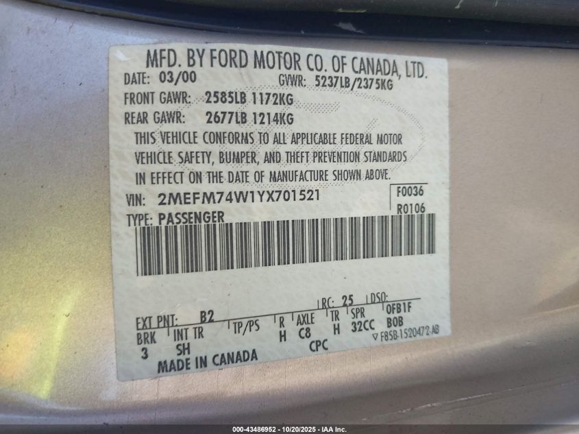 2000 Mercury Grand Marquis Gs VIN: 2MEFM74W1YX701521 Lot: 43486952