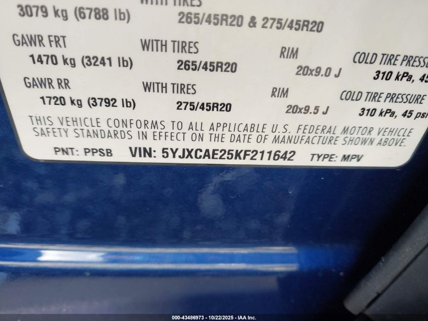 2019 Tesla Model X 100D/75D/Long Range VIN: 5YJXCAE25KF211642 Lot: 43486973