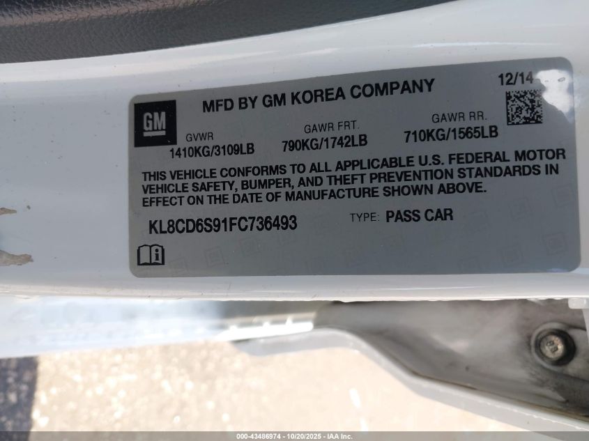 2015 Chevrolet Spark 1Lt Cvt VIN: KL8CD6S91FC736493 Lot: 43486974
