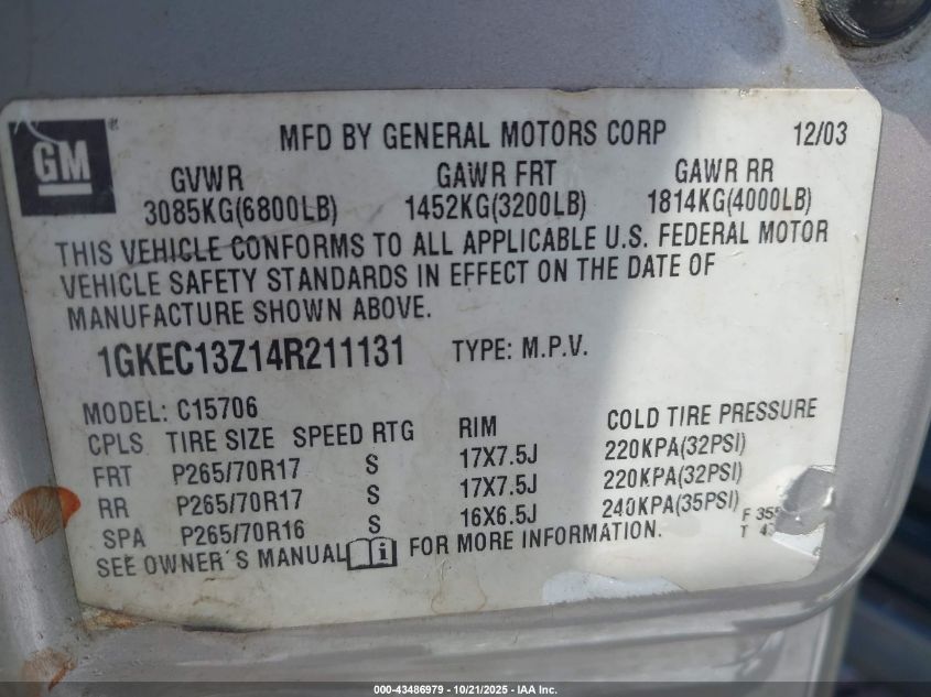 2004 GMC Yukon Slt VIN: 1GKEC13Z14R211131 Lot: 43486979