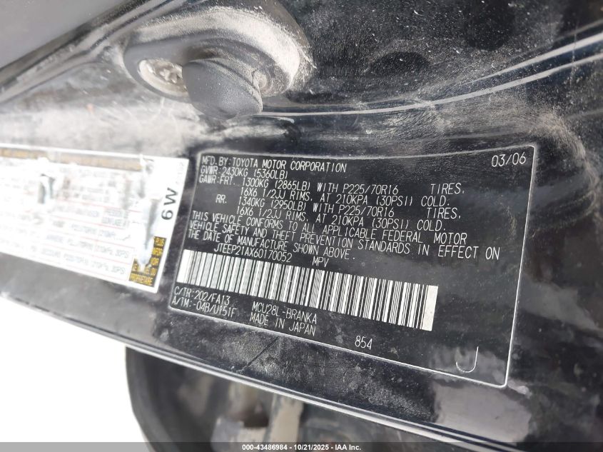 2006 Toyota Highlander V6 VIN: JTEEP21AX60170052 Lot: 43486984