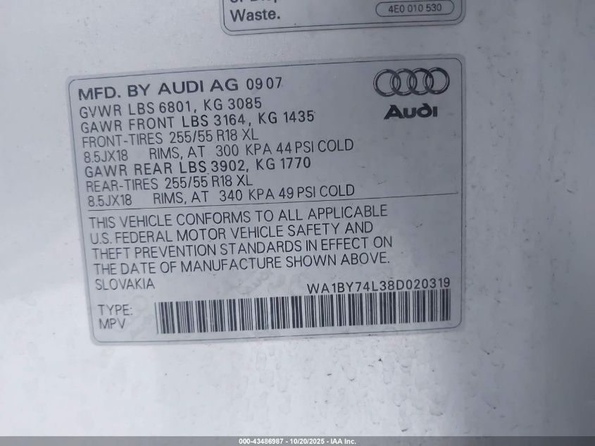 2008 Audi Q7 3.6 Premium VIN: WA1BY74L38D020319 Lot: 43486987