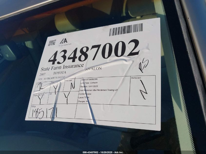 2007 Toyota Avalon Xls VIN: 4T1BK36B77U193243 Lot: 43487002