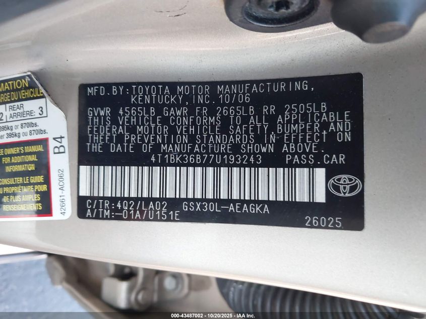 2007 Toyota Avalon Xls VIN: 4T1BK36B77U193243 Lot: 43487002