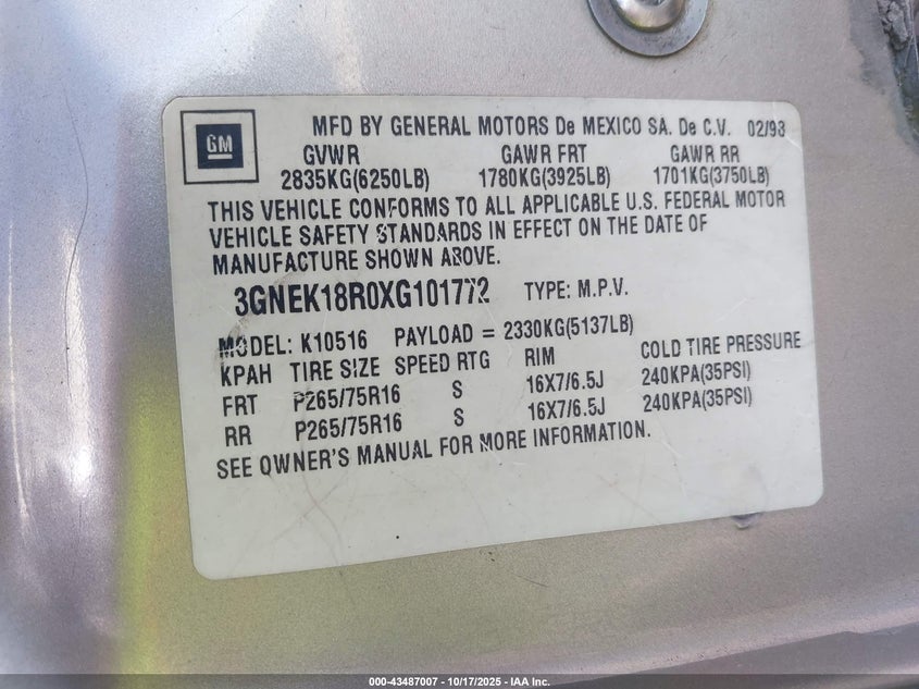 3GNEK18R0XG101772 1999 CHEVROLET TAHOE photo no. 9