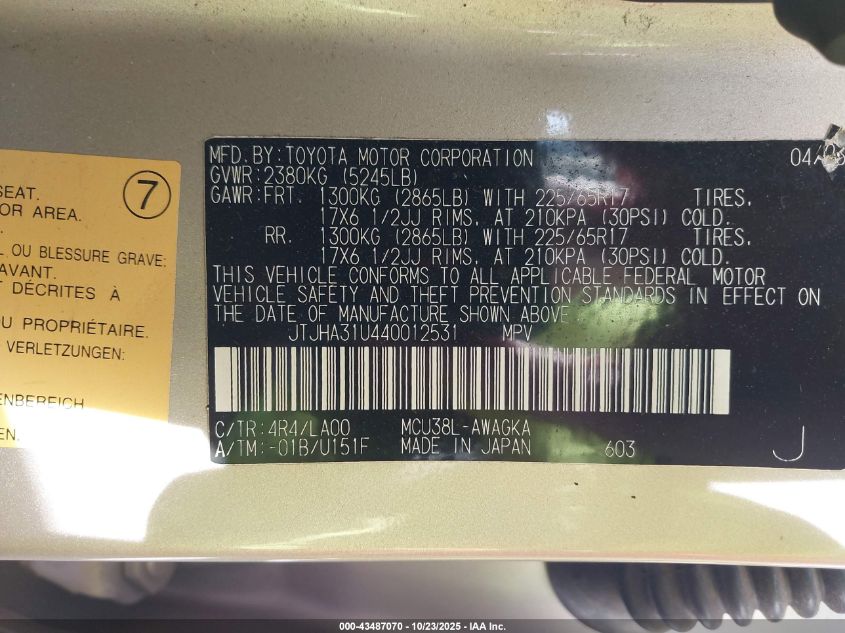 2004 Lexus Rx 330 VIN: JTJHA31U440012531 Lot: 43487070