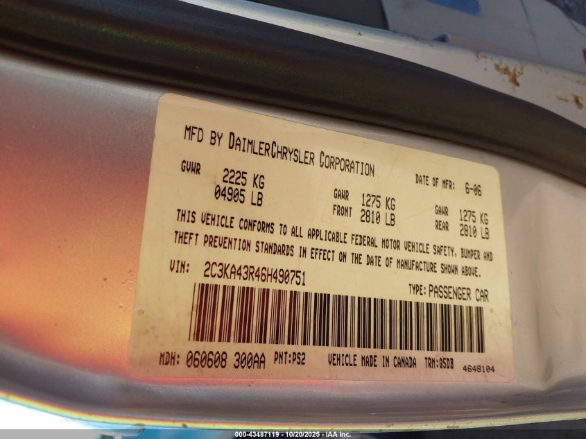 2006 Chrysler 300 VIN: 2C3KA43R46H490751 Lot: 43487119