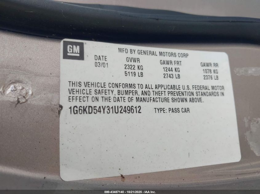 2001 Cadillac Deville Standard VIN: 1G6KD54Y31U249612 Lot: 43487140